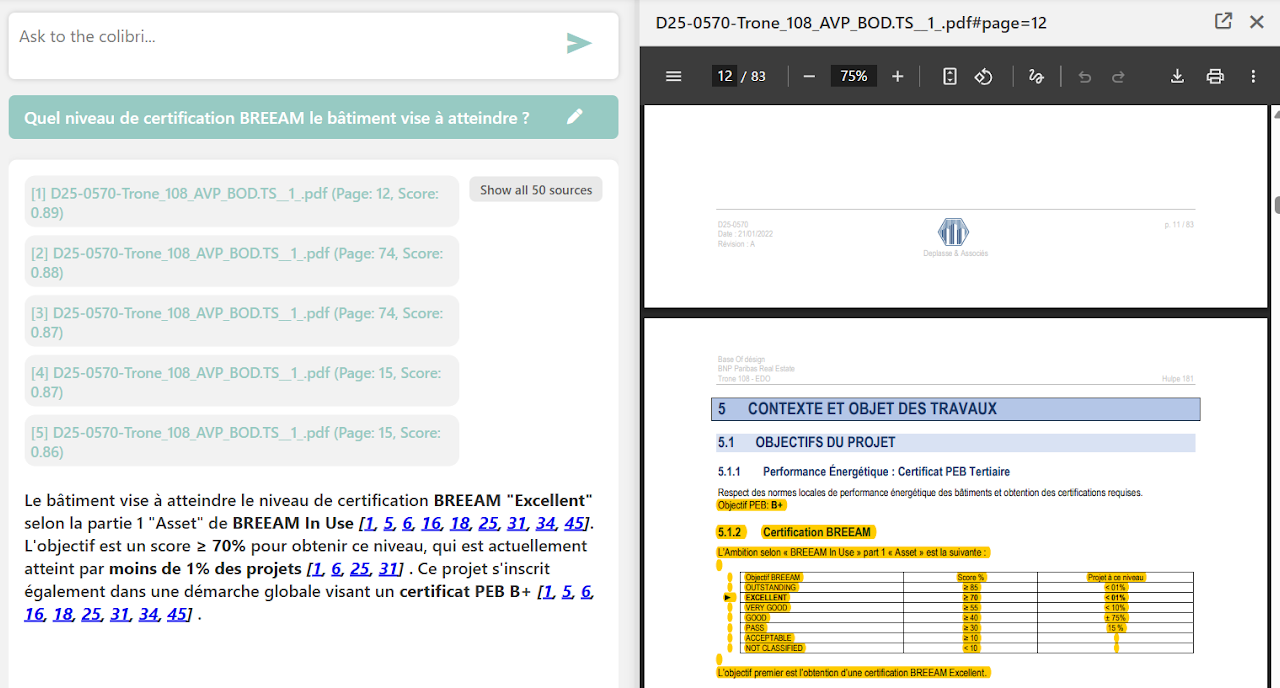 Colibri answering a BREEAM certification query with sourced references
